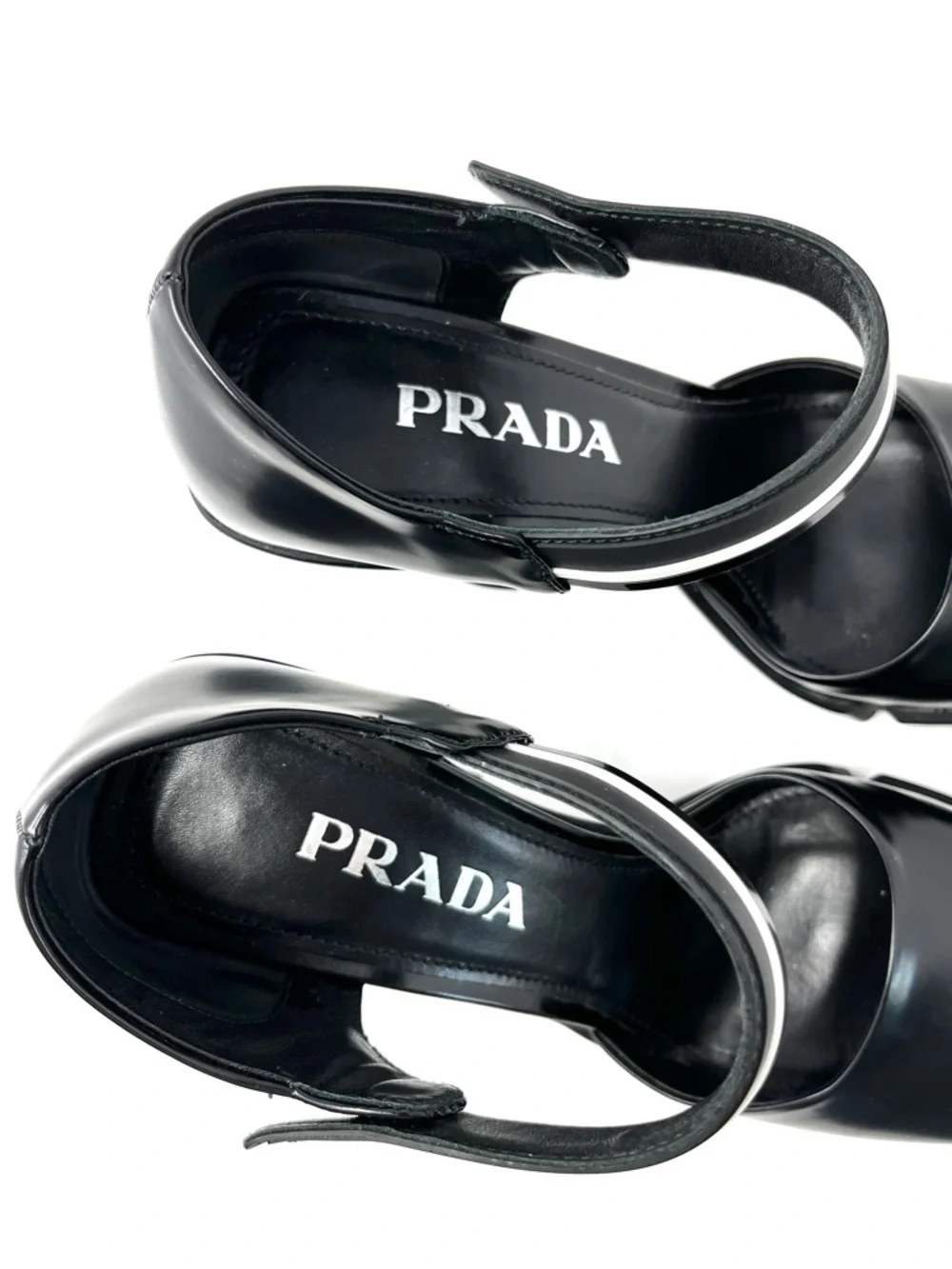 Prada Mary Jane Chunky Platform Logo High Heels Pumps Black White Leather 37 7
